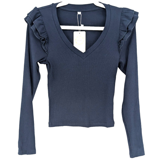 Womens Navy Ribbed Ruffle Sleeve V Neck Preppy Twee Coquette Cropped Shirt Small - Picture 3 of 7